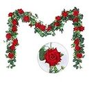 Artificial Rose Garland 3pcs Silk Velvet Flowers Vines 27 Heads Fake Hanging Rose Flowers with Green Leaves for Wedding Party Home Wall Garden Decorations (Red)