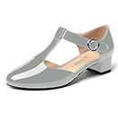 MODENCOCO Women's 1.5 Inch Fashion Patent Low Heel Dating Buckle Chunky T Strap Round Toe Pumps Dress Shoes Grey Size 7 - Zapatos de Tacon para Mujer Elegantes