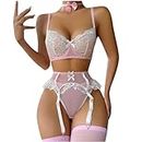 lcziwo Women's Sexy Maid Outfit Valentine's Day Lace Sheer Bra + Mesh Thongs + Belt Cosplay Rave Lingerie 3 Piece Discount Sales Pink