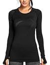 CRZ YOGA Women's Athletic Long Sleeves Sports Running Shirt Breathable Seamless Gym Workout Tee Top Black S(US 4/6)