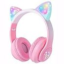 HOYJACY Cat Ear Kids Bluetooth Headphones for Girls Children Teens, LED Light Up Wireless/Wired Mode Foldable Stereo Girls Headphones with Built-in Mic for School Birthday Xmas Gift (Pink)