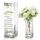Botanical Theme Memorial Flower Vase Clear Decorative Flower Glass Vase with Sympathy Verse in Loving Memory Tall Square Vase Table Centerpieces for Funeral, 3.15 x 3.15 x 9.84 Inches