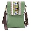 Vintage Embroidered Canvas Small Flip Crossbody Bag Cell Phone Pouch for Women Wristlet Wallet Bag Coin Purse, Dark Green, Size Basic