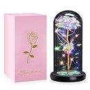 Galaxy Rose Gifts for Women, GIIFER Beauty and The Beast Rose, Rose in Glass Dome Butterfly Gifts for Mothers Day Light Up Eternal Rose for Birthday Christmas Wedding Valentine's Day (Gold)