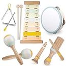 Fortand Musical Instruments, Toddler Wooden Percussion Instruments Toy Montessori Baby Musical Toys for Kids Xylophone Tambourine Natural Wooden Music Set Preschool Educational Toys for Boys and Girls