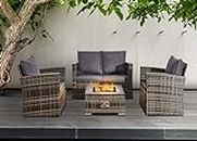 XEO HOME Rattan Garden Furniture Sofa Set 4 Piece Patio Set Weaving Wicker includes 4PC Sets 1 Double seat Sofa, 2 Armchairs and 1 Gas Fire Pit Table Outdoor Indoor Conservatory