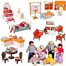 83 Pcs Dollhouse Furniture Doll House Furnishings with 8 Wooden Doll Family, Miniature Dollhouse Accessories with Small Dolls for Dollhouse Pretend Play Toys Kitchen Living Room Bathroom Bedroom