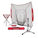 PowerNet 7x7 DLX Practice Net + Deluxe Tee + Ball Caddy + 3 Pack Weighted Ball + Strike Zone Bundle | Baseball Softball Coach Pack | Pitching Batting Training Equipment Set | 7' x 7' (Red)