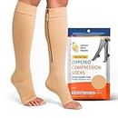 Zipper Compression Socks with Zip Guard Skin Protection & Open Toe (Sizes Med to 6XL)- 15-20mmHg Medical Compression Socks for Men & Women (L Calf 10-13inch)