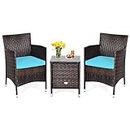 DORTALA 3 Piece Patio Furniture Set, Outdoor Rattan Conversation Set with Coffee Table, Chairs & Thick Cushions, Patio Sectional Sofa Set, Wicker Bistro Set for Patio Garden Lawn Backyard Pool, Blue