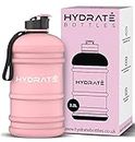 HYDRATE - Botella de agua XL de 2,2 l, sin BPA, a prueba de fugas, tapa abatible, ideal para gimnasio, recipiente transparente con material extra fuerte, perfecto para deportes, rugby y sobre