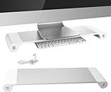 Shrevi Space bar Computer Monitor Stand Riser with 4 USB Power Charger Ports and Headphone Microphone Ports Keyboard Storage Desk Organizer 21.7''L 6.6''W 2''H (Silver)