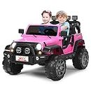 GYMAX 2-Seater Kids Ride on Car, 12V Battery Powered Toy Car with Remote Control, Lights, Music, USB/TF/AUX, High/Low Speed, Slow Start & Storage Space, Children Electric UTV for 3 Years Old+ (Pink)