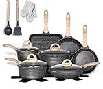 JEETEE Pots and Pans Set Nonstick 20PCS, Granite Coating Induction Compatible with Frying Saucepan, Sauté Pan, Grill Cooking Pots, PFOA Free, (Grey, Cookware Set)