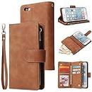 QLTYPRI Case for iPhone 6 iPhone 6S, Large Capacity Leather Wallet Case 6 Card Holder & 1 Zipper Pocket Kickstand Wrist Strap Magnetic Case for iPhone 6 iPhone 6S - Brown