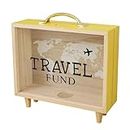 KARFRI Travel Saving Money Box, Transparent Wooden Adventure Archive Box Travel with World Map, Ticket Display Box, Travel Fund Money Wallet for Souvenirs, Banknotes, Photo and Money