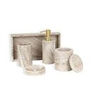FILLDGAP Marble Bathroom Set Luxurious Stone Marble Bathroom Accessories Handmade Useful Product Dispenser Tumbler Toothbrush Holder Jar Storage Box Soap Dish Tray (Taned Brown/Set of 5)
