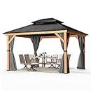 HAPPATIO 11' × 13' Wood Gazebo, Outdoor Hardtop Gazebo with Mosquito Netting and Curtains, Double Metal Roof Patio Gazebo Hard Top Gazebo for Garden, Patio, Deck, Parties (Grey)