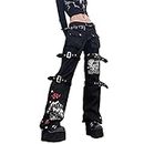Madger Women Y2K High Waisted Jeans Loose Wide Leg Denim Trousers Graphic Print Baggy Cargo Pants Gothic Dark Punk Streetwear (Black, M)