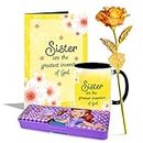 AlwaysGift A Sister is A Gift from God Greeting Card, Golden Rose Assorted Pencil Box & Mug Gift Combo