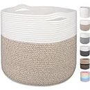 MicroIdeas Large Woven Basket 15.8x13.8in, Cotton Rope Baskets living room, Laundry Basket, Toy Bin, Decorative Round Baskets Storage Organization for Blanket Throw Decor - White & Brown