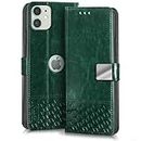 FLIPPED Hand Stitched Honeycomb Dual Design Back Flip Cover Case for Apple iPhone 11 (Shock Proof | Leather Finish | Wallet Case Card Holders & Stand) - Tanned Green