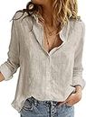 Astylish Womens Long Sleeve V Neck Solid Linen Blouses Button Down Shirts Tops Work Clothes for Women Office Gray Medium