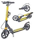 Scale Sports -Two Wheeled Folding 3 size Adjustable Kick Scooter for Kids 7+, Scooter with Manual and Disk Brakes, 200mm big Wheels Scooter for Adults up 100kg and teens, Double Absorption (yellow)