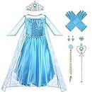Vicloon Elsa Dress, 5PCS Elsa Princess Costume, Elsa Costume Dress with Fairy Crown Wand Gloves and Tiara, Fancy Blue Dress with Elsa Dress Up Accessories Set for Cosplay, Girls Party