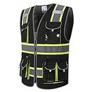 ASIPHITU Reflective High Visibility Safety Vest for Men Women with 10 Pockets Zipper Front Security Hi Vis Reflective Vest Meets ANSI/ISEA Standards(G-Black-M)