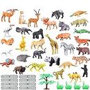 CLAPONE Mini Jungle Animals Figure Toys Play Set: 53-Piece Realistic Wild Plastic with Artificial Grass & Fencing - Learning Games for Kids Toddlers, Cupcake Topper, Multicolor