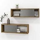 Sonefreiy 24in Floating Cabinet Set of 2, Rustic Wood Floating TV Stand Cube Shelves Wall Mounted Storage Long Shelf with Slide Metal Doors for Living Room Kitchen Bathroom, Dark Brown