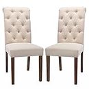 COLAMY Tufted Dining Room Chairs Set of 2, Accent Parsons Diner Chairs Upholstered Fabric Side Stylish Kitchen Chairs with Solid Wood Legs and Padded Seat, Beige