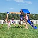 Backyard Discovery Aurora Swing Set, Covered Upper Deck with Vibrant Blue Awning, Slide with Rails, Rope Swings, Upper Clubhouse with Mesh Panels Creates a Cool Breezy Fort, Including Real Chalkboard