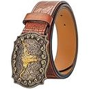 Western PU-Leather Cowboy Cowgirl Buckle Belt for Men Women Jeans - Engraved Floral Golden Longhorn Bull Texas Buckle Belt