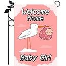 Welcome Home Baby Girl Garden Flag, Baby Shower Birth Announcement Family Party Yard Flag, Newborn Gender Reveal Lawn Yard Sign Pink Stork Outdoor Decoration Burlap Banner 12.5 x 18 Inch