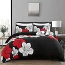 Menghomeus Black Comforter Set Queen - Red and White Floral Comforter with 2 Pillowcases Modern Bedding Sets Lightweight Boho Bed Set for All Season