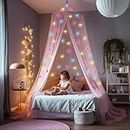 Pink Canopy for Girls Bed with Pre-Glued Glow in The Dark Unicorns - Princess Mosquito Net Room Decor - Kids & Baby Bedroom Tent with Galaxy Lights - 1 Opening Canopy Bed & Hanging Kit Included