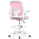 Winrise Drafting Chair Tall Office Chair Ergonomic Desk Chairs with Lumbar Support and Flip-up Armrests, Adjustable Height Comfy Computer Chair with Swivel Task and Adjustable Foot Ring(Pink)