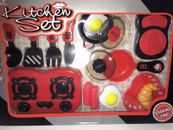 Kids 15 Piece Red Kitchen Toy Set Plastic Cookware. Pans W/Lids,Eggs, Stove Top
