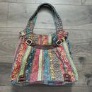 VTG Fossil Handbag Twill Boho Multicolor Canvas & Leather Tote Shoulder Bag