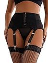 ohyeahlady Women Stretchy Lace Suspender Belt Mesh Garter Plus Size Lingerie Set with 6 Wide Straps Metal Clip for Stockings (G-string included) (Vintage Black, 16-18)