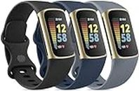 Sounce Pack of 3 Belts/Straps Compatible with Fitbit Charge 5 Wristband Straps (3 Units), Water Resistant Dust Proof Professional Fitting [Watch NOT Included] (Grey, Black, Navy Blue)