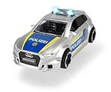 Dickie Toys 203713011 Audi RS3 Police Car with Friction, with Accessories and Road Block, Light & Sound, Includes Batteries, Scale 1:32, 15 cm, from 3 Years, Single, Silver, Blue