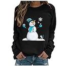 SEAOPEN Women Christmas Sweatshirt Cute Snowman Graphic Shirts Trendy Xmas Crewneck Long Sleeve Holiday Pullover Tops Black