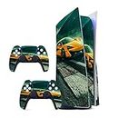 GADGETS WRAP Printed Vinyl Skin Sticker Decal for Sony PS5 Playstation 5 Disc Edition Console & 2 Controller (Skin Only, Console & Controller not Included.) - Yellow Race Car