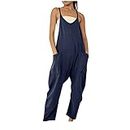Yihaojia Amazon Warehouse Deals Canada Women's Casual Loose Jumpsuit Summer Baggy Onesies Romper Sleeveless Spaghetti Strap Overalls with Pockets 2023, Navy#20, Small