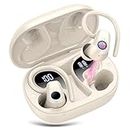 Wireless Earbuds Bluetooth 5.3 Headphones Sport, 50H Ear Buds HiFi Stereo Noise Cancelling Headphones with LED Digital Display, IP7 Waterproof Earphones for Running Workout Gym, USB-C, Off White