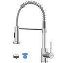 DAYONE Brushed Nickel Kitchen Sink Faucet with Pull Out Sprayer, Spring Stainless Steel Tap for 1 Hole Kitchen Sink, High Arc Single Handle Kitchen Tap