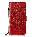 Mandala Premium Leather Book PU Flip Case Wallet Leather Mobile Phone Case Magnetic Silicone Bumper Protective Case Compatible with Samsung Galaxy S22 Ultra Red
